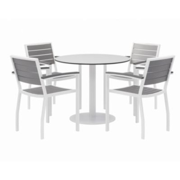 Eveleen Outdoor Patio Table, Four Gray Powder-Coated Polymer Chairs, Round, 36" Dia x 29h, White