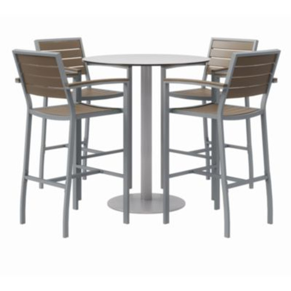 Eveleen Outdoor Bistro Patio Table With Four Mocha Powder-Coated Polymer Barstools, Round, 41"h, Gray