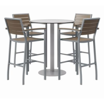 Eveleen Outdoor Bistro Patio Table With Four Mocha Powder-Coated Polymer Barstools, Round, 41"h, Gray