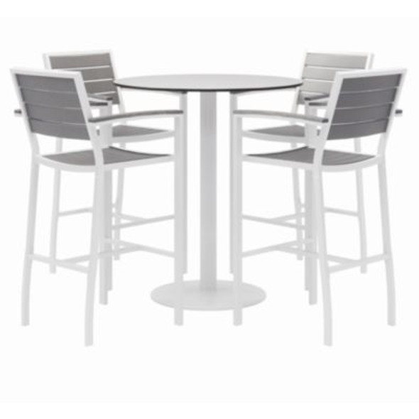 Eveleen Outdoor Bistro Patio Table With Four Gray Powder-Coated Polymer Barstools, Round, 41"h, White