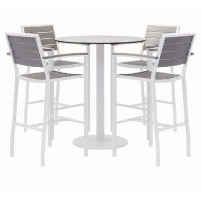 Eveleen Outdoor Bistro Patio Table With Four Gray Powder-Coated Polymer Barstools, Round, 41"h, White