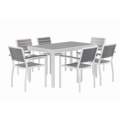 Eveleen Outdoor Patio Table With Six Gray Powder-Coated Polymer Chairs, 32 x 55 x 29, Gray