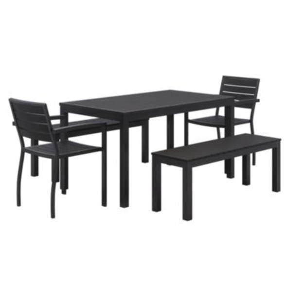 Eveleen Outdoor Patio Table With Two Black Powder-Coated Polymer Chairs And Two Benches, 32 x 55, Gray