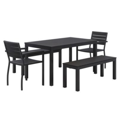 Eveleen Outdoor Patio Table With Two Black Powder-Coated Polymer Chairs And Two Benches, 32 x 55, Gray