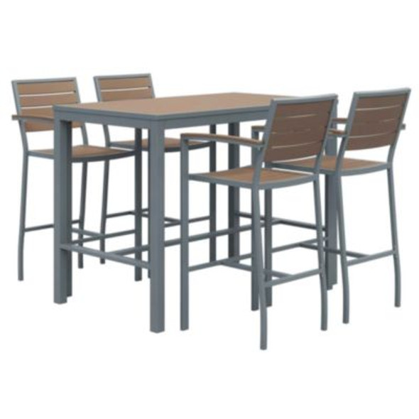Eveleen Outdoor Bistro Patio Table With Four Mocha Powder-Coated Polymer Barstools, 32 x 55, Mocha