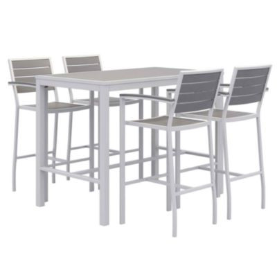 Eveleen Outdoor Bistro Patio Table With Four Gray Powder-Coated Polymer Barstools, 32 x 55, Gray