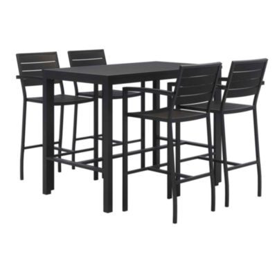 Eveleen Outdoor Bistro Patio Table With Four Black Powder-Coated Polymer Barstools, 32 x 55, Black