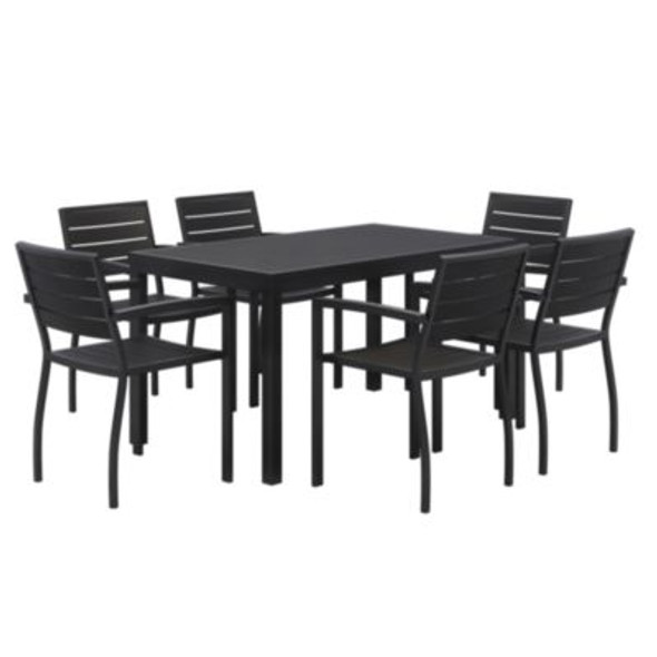 Eveleen Outdoor Patio Table With Six Black Powder-Coated Polymer Chairs, 32 x 55 x 29, Black