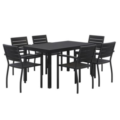Eveleen Outdoor Patio Table With Six Black Powder-Coated Polymer Chairs, 32 x 55 x 29, Black
