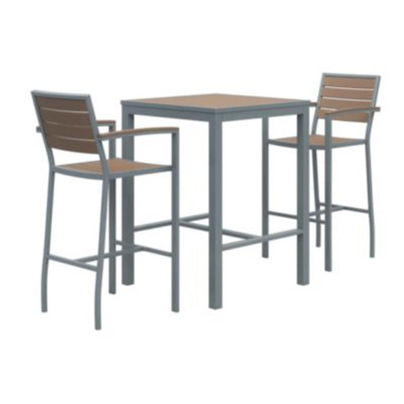 Eveleen Outdoor Bistro Patio Table With Two Mocha Powder-Coated Polymer Barstools, 30" Square, Mocha