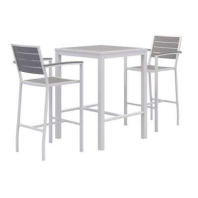 Eveleen Outdoor Bistro Patio Table With Two Gray Powder-Coated Polymer Barstools, 30" Square, Gray