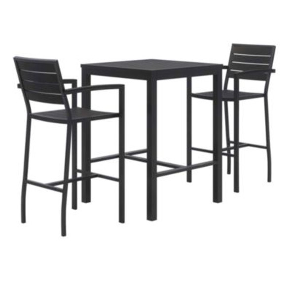 Eveleen Outdoor Bistro Patio Table With Two Black Powder-Coated Polymer Barstools, 30" Square, Black