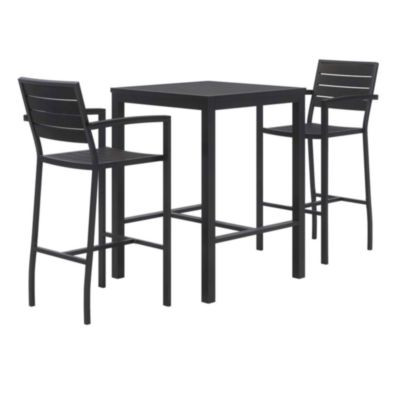 Eveleen Outdoor Bistro Patio Table With Two Black Powder-Coated Polymer Barstools, 30" Square, Black