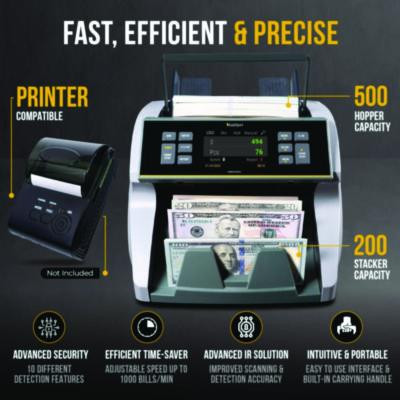 Kbr1500V2 Mixed Denomination Cash Counter, 1,200 Bills/Min, 9.5" x 11" x 10.4", Gray