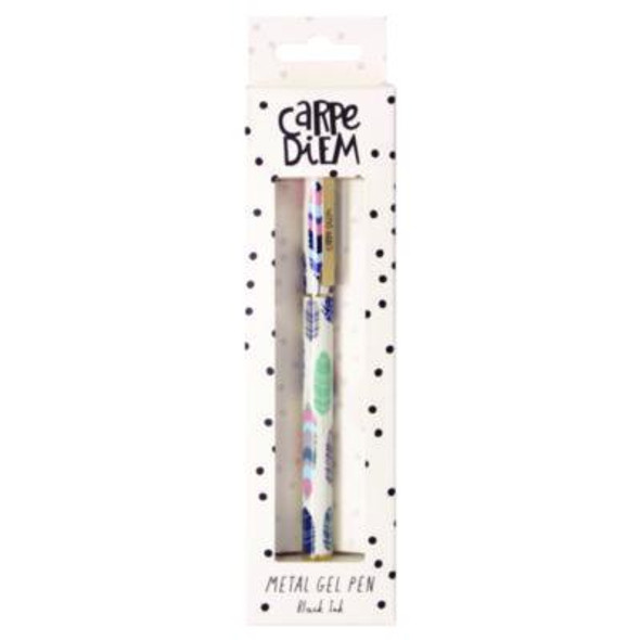 Carpe Diem Metal Gel Pen, Stick, Medium 0.7 Mm, Black Ink, White/Blue/Green Feather Barrel, 6/Pack