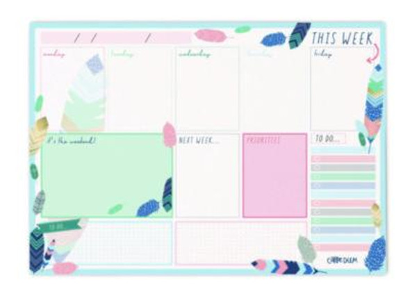 Weekly Planner Pad, Feathers, 11.7 x 8.3, Blue/Cream/Pink Cover, 12-Month, Undated, 6/Pack