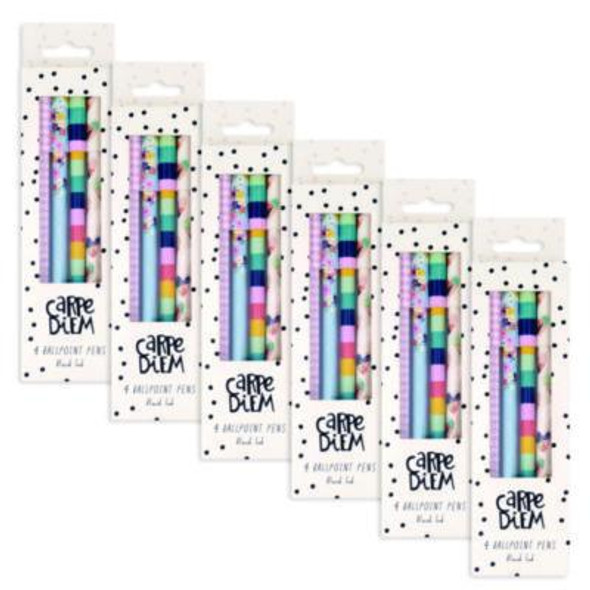 Carpe Diem Ballpoint Pen, Stick, Medium 0.7 Mm, Black Ink, Assorted Ditzy Floral Barrel Patterns 4 Pens/Pack, 6 Packs/Box
