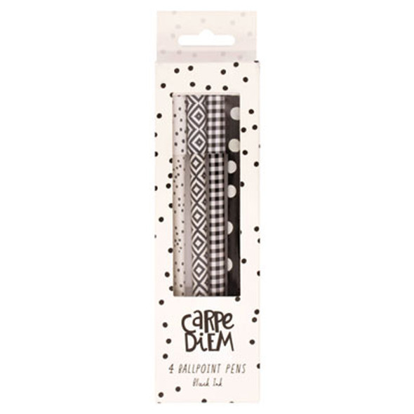 Carpe Diem Ballpoint Pen, Stick, Medium 0.7 Mm, Black Ink, Assorted Geometric Barrel Patterns, 4 Pens/Pack, 6 Packs/Box