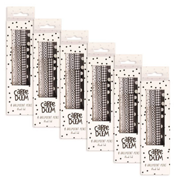 Carpe Diem Ballpoint Pen, Stick, Medium 0.7 Mm, Black Ink, Assorted Geometric Barrel Patterns, 4 Pens/Pack, 6 Packs/Box