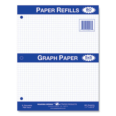 Graph Filler Paper, 3-Hole, 8.5 x 11, Quadrille: 5 Sq/In, 80 Sheets/Pack, 24 Packs/Carton
