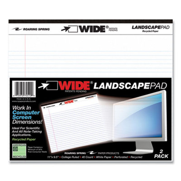 Wide Landscape Format Writing Pad, Medium/College Rule, 40 White 11 x 9.5 Sheets, 18/Carton