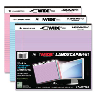 Wide Landscape Format Writing Pad, Medium/College Rule, (40) Assorted Color 11 x 8.5 Sheets, 12/Carton