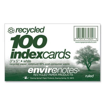 Environotes Recycled Index Cards, Narrow Rule, 3 x 5 White, 100 Cards, 36/Carton