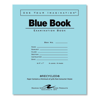Recycled Exam Book, Wide/Legal Rule, Blue Cover, (8) 8.5 x 7 Sheets, 600/Carton