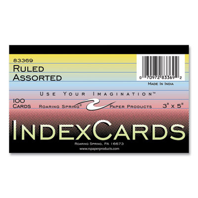 Colored Index Cards, 3 x 5, Assorted Colors, 100/Pack, 36 Packs/Carton