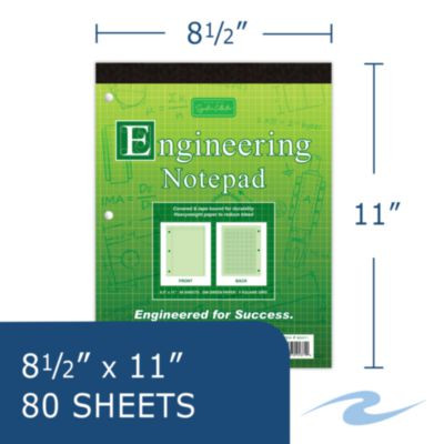 Covered Engineering Pad, Quadrille Rule (5 Sq/In), (80) Green 8.5 x 11 Sheets, 24/Carton