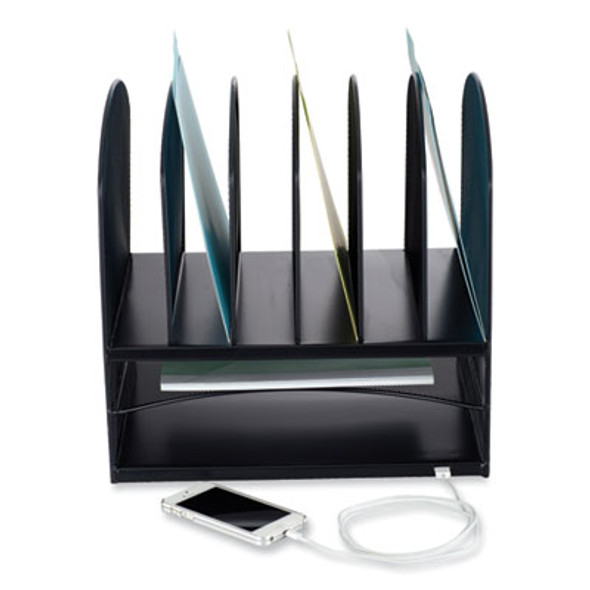 Powered Onyx Desk Organizer With 2 Horizontal And 6 Upright Sections, Letter Size Files, 13.5 x 11.5 x 13, Black