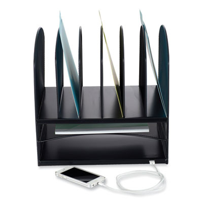 Powered Onyx Desk Organizer With 2 Horizontal And 6 Upright Sections, Letter Size Files, 13.5 x 11.5 x 13, Black