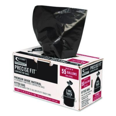 Precise Fit Contractor Bag, Open-Face, 55 Gal, 3 Mil, 41" x 49", Black, 15/Box