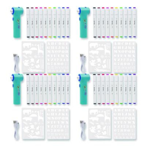 Aircolor Airbrush Kit, (10) Markers/(2) Stencils/(1) Airbrush/(1) Charging Cable, 4 Kits/Carton