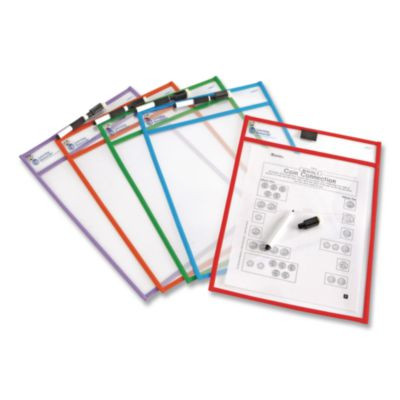 Write And Wipe Pockets, Medium-Duty, Top Load, 10" x 14" Insert, Clear Front, Assorted Color Border, 5 Pockets