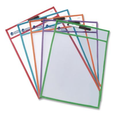 Write And Wipe Pockets, Medium-Duty, Top Load, 10" x 14" Insert, Clear Front, Assorted Color Border, 5 Pockets