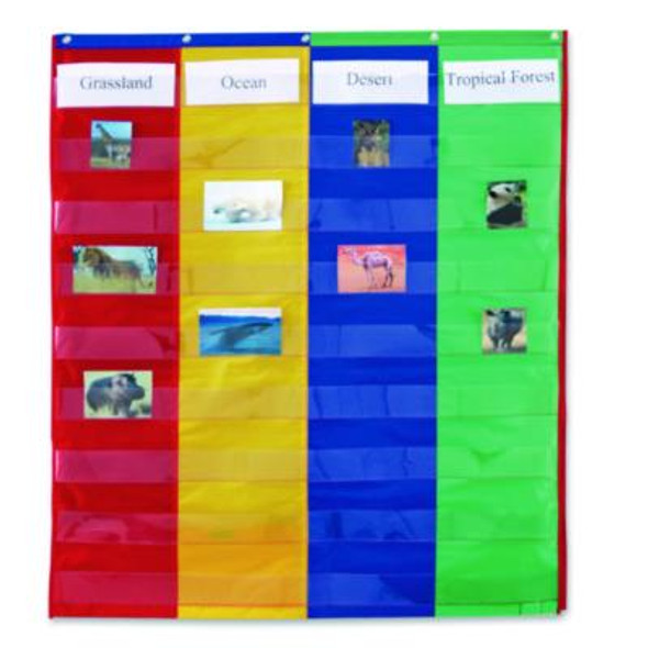 Two- And Four-Column Double-Sided Pocket Chart, 9 Pockets/Chart, 30 x 38, Blue/Green/Red/Yellow