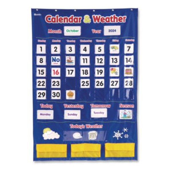 Calendar And Weather Pocket Chart, 46 Pockets, 14.7 x 32.2, Blue, 136 Cards
