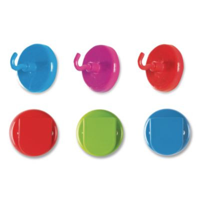Super Strong Magnetic Clips And Hooks, Small, 1.5" Diameter, Assorted Colors, 3 Clips/3 Hooks