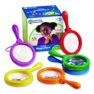 Jumbo Magnifers Set, 4.5X Plastic Lens, 4.5" Dia, Assorted Colors, 6 Magnifiers