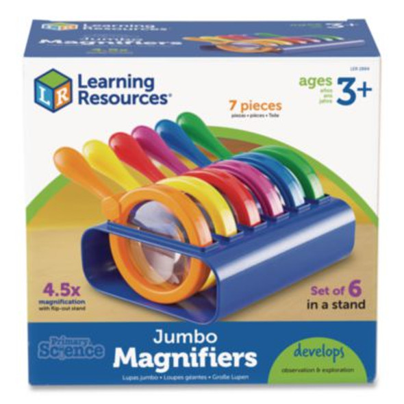 Primary Science Jumbo Magnifiers With Stand, Ages 3 And Up, 4.5x, Plastic Lens, 4.5" Dia, 6/Set