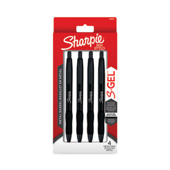 S-Gel Premium Metal Barrel Gel Pen, Retractable, Medium 0.7 Mm, Black Ink, Black Barrel, 4/Pack