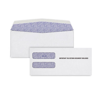 Gummed W-2 Double Window Envelope, Square Flap, Gummed Closure, 3.9 x 8.25, White, 100/Pack