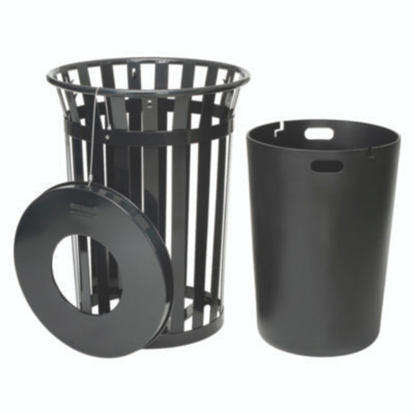 Outdoor Slatted Steel Trash Can, 36 Gal, Black