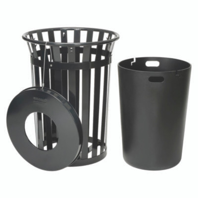 Outdoor Slatted Steel Trash Can, 36 Gal, Black