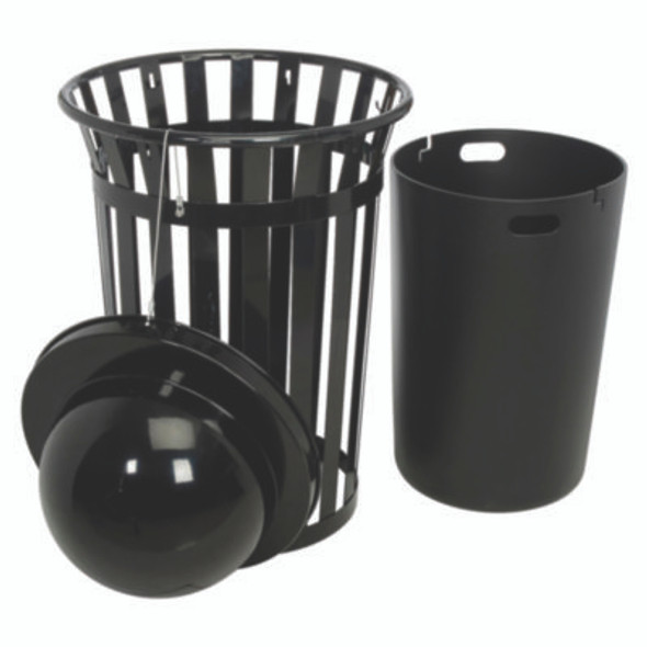 Outdoor Slatted Steel Trash Can, Dome Lid, 36 Gal, Black