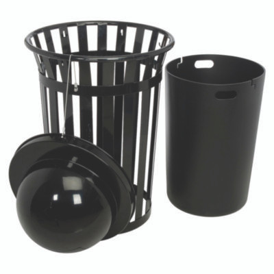 Outdoor Slatted Steel Trash Can, Dome Lid, 36 Gal, Black