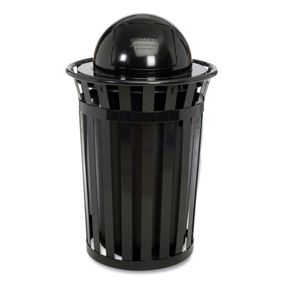 Outdoor Slatted Steel Trash Can, Dome Lid, 36 Gal, Black