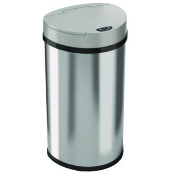 Sensor Trash Can, Half-Round Cylinder, 13 Gal, Plastic/Stainless Steel, Silver