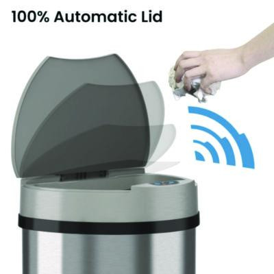 Sensor Trash Can, Half-Round Cylinder, 13 Gal, Plastic/Stainless Steel, Silver